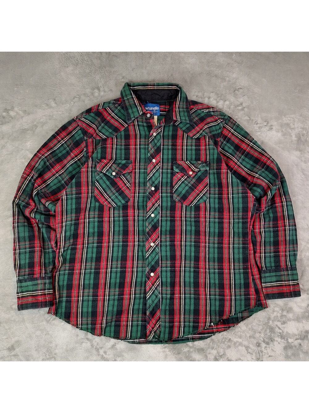 VTG Wrangler black/green/red plaid thick western casual pearl snap shirt mens XL